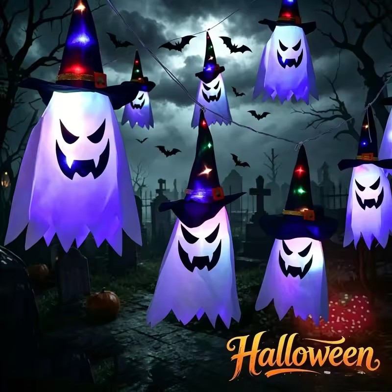Outdoor Lighting Effects - Świecące kapelusze czarownicy na Halloween, latarnie,